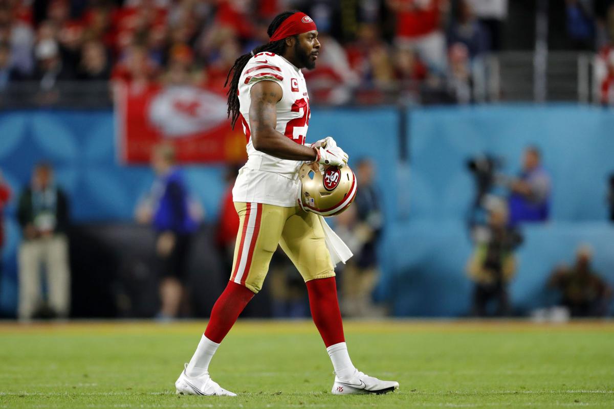 Richard Sherman of the San Francisco 49ers looks on during the fourth quarter against the Kansas City Chiefs in Super Bowl LIV on February 2, 2020, at Hard Rock Stadium in Miami Gardens, Fla.