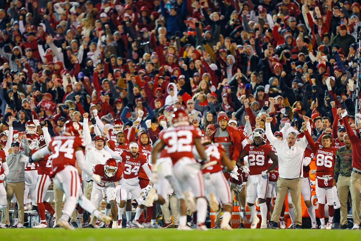 Oklahoma celebrates after the defense stopped the Texas Christian offense on fourth down in the fourth quarter on November 23, 2019, at Gaylord Family Oklahoma Memorial Stadium in Norman, Oklahoma.