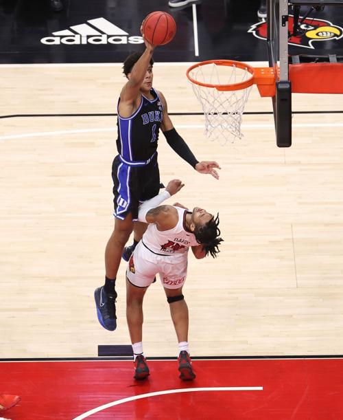 In this photo from January 23, 2021, Jalen Johnson of the Duke Blue Devils shoots the ball against the Louisville Cardinals at KFC YUM! Center on January 23, 2021 in Louisville, Kentucky. Johnson decided to declare for the NBA Draft and no longer play for the Blue Devils this season.