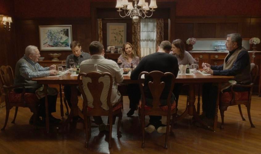 From left, Len Cariou, Will Estes, Andrew Terraciano, Vanessa Ray, Donnie Wahlberg, Bridget Moynahan and Tom Selleck in "Blue Bloods."