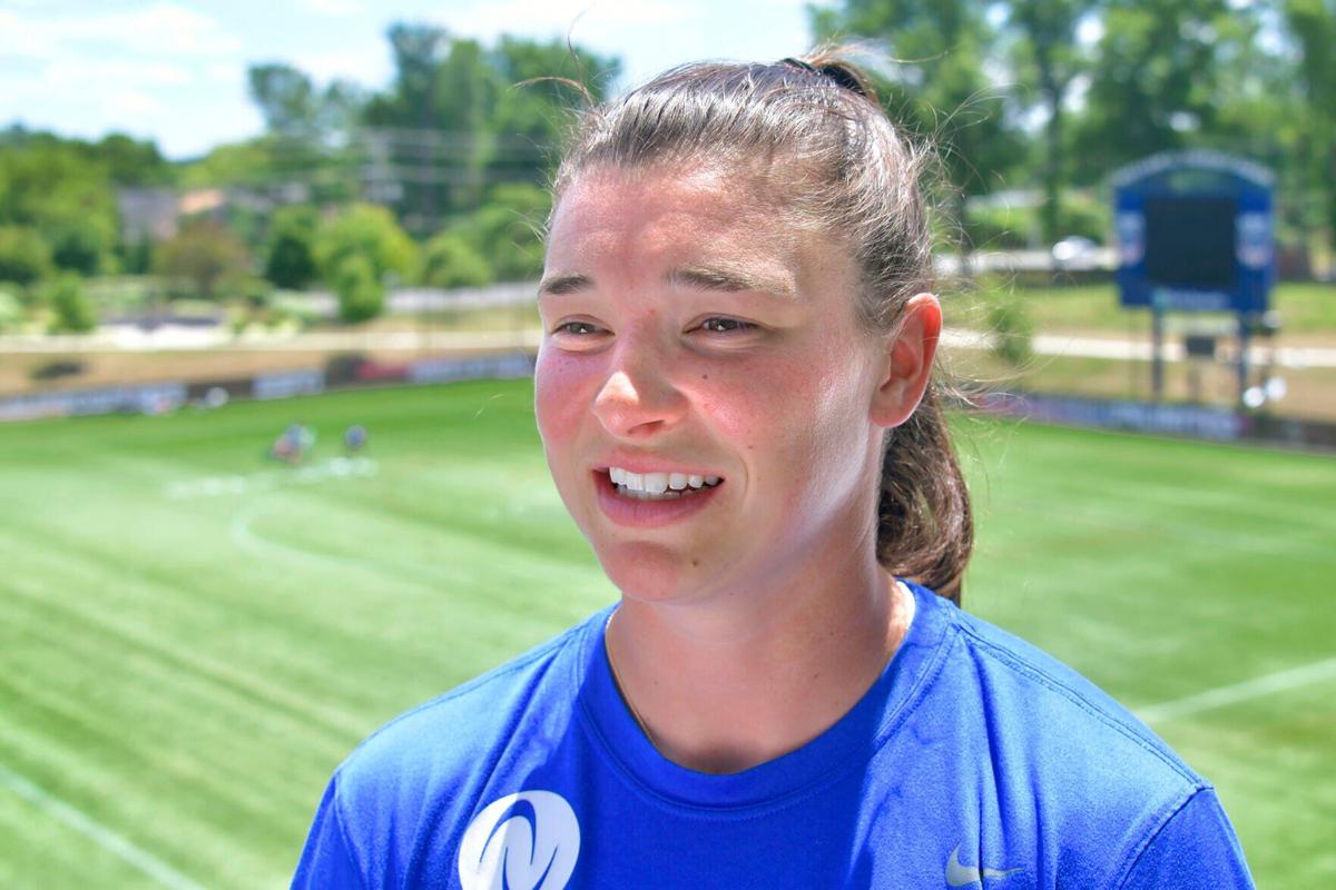 Charlotte North, who was the NCAA Division I leader in goals in a single season at Boston College, discusses the upcoming Athletes Unlimited professional women’ s lacrosse season, at their headquarters on July 11, 2024, in Sparks, Maryland.