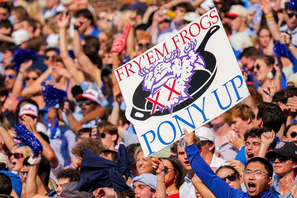 SMU fans cheer a score during the first half of an NCAA football game against TCU at Ford Stadium on Saturday, Sept. 21, 2024, in Dallas.