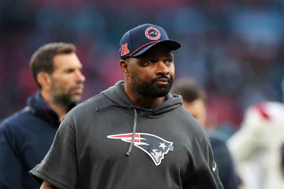 Jerod Mayo of the New England Patriots looks on after the game against the Jacksonville Jaguars at Wembley Stadium on Sunday, Oct. 20, 2024, in London.