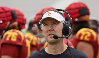 USC head coach Lincoln Riley on the field during the USC Spring Game at Los Angeles Memorial Coliseum on April 20, 2024, in Los Angeles.