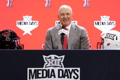 Texas Tech head coach Joey McGuire speaks during Big 12 Media Days at the Ford Center, Tuesday, July 8, 2025, in Frisco, Texas.