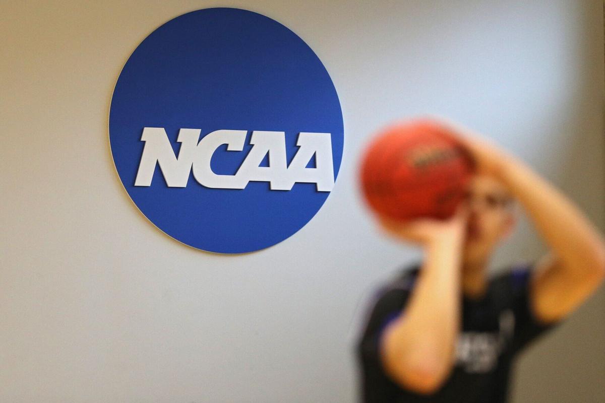 The NCAA logo is seen on the wall at Johns Hopkins University on March 6, 2020 in Baltimore.
