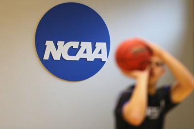 The NCAA logo is seen on the wall at Johns Hopkins University on March 6, 2020 in Baltimore.