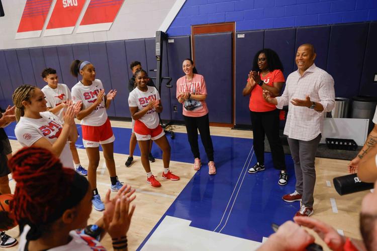 Southern Methodist Universityís athletic director Damon Evans visits with the SMU women's basketball team during their practice at the Crum Basketball Center in Dallas on Friday, June 13, 2025.