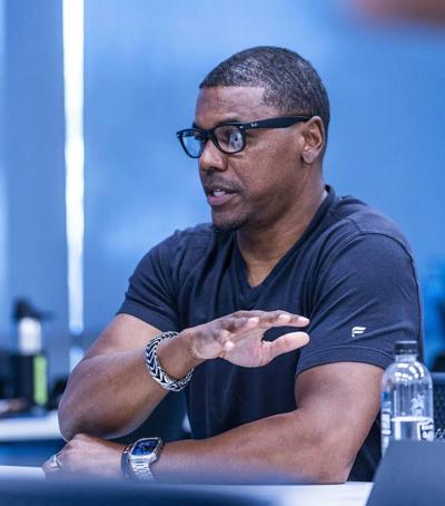 Las Vegas Raiders running backs coach Deland McCullough speaks at the Intermountain Health Performance Center on May 28, 2025, in Henderson, Nevada.