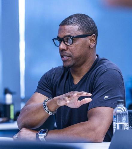 Las Vegas Raiders running backs coach Deland McCullough speaks at the Intermountain Health Performance Center on May 28, 2025, in Henderson, Nevada.