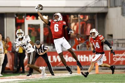 Wisconsin cornerback Xavier Lucas intercepts a pass in the fourth quarter against Western Michigan at Camp Randall Stadium on Aug. 30, 2024, in Madison, Wisconsin.