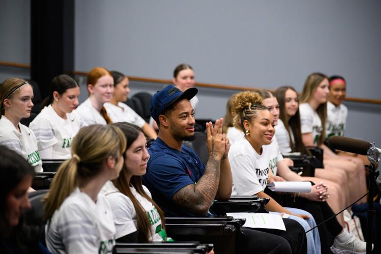 Seahawks wide receiver Jaxon Smith-Njigba participated in an event celebrating girls flag football being sanctioned by the WIAA, held at the Virginia Mason Athletic Center Thursday, April 24, 2025.