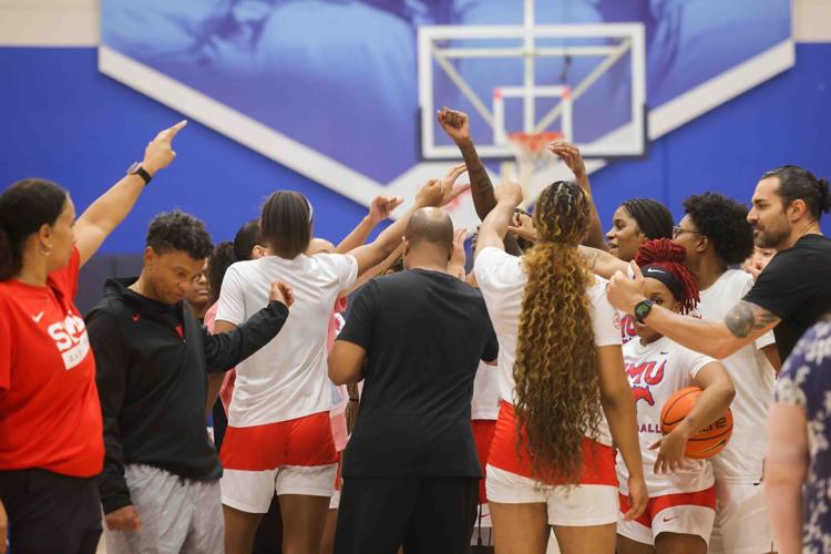 The Southern Methodist Universityís women's basketball team huddle after practice at the Crum Basketball Center in Dallas on Friday, June 13, 2025.