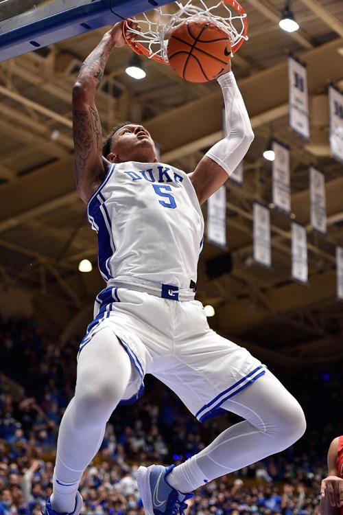 Paolo Banchero #5 of the Duke Blue Devils dunks the ball against the Winston-Salem State Rams during the second half at Cameron Indoor Stadium on Oct. 30, 2021 in Durham, North Carolina.