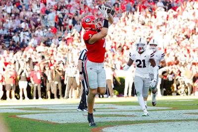 Georgia tight end Lawson Luckie hauls in a 1- yard touchdown reception during the second quarter against Mississippi State at Sanford Stadium on Saturday, Oct. 12, 2024, in Athens, Georgia.