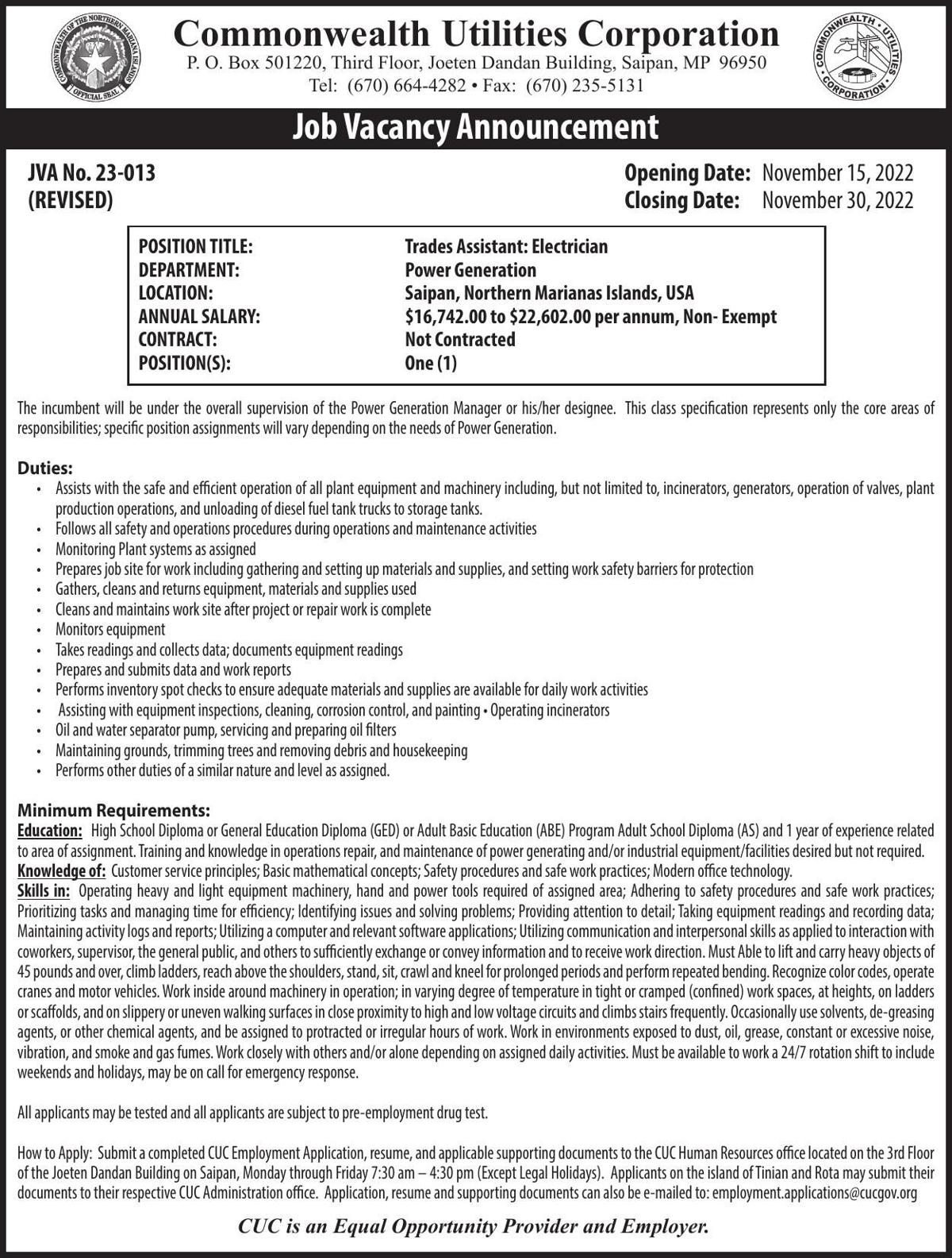 CUC JVA 23-013 TRADES ASSISTANT-ELECTRICIAN, Power Generation REVISED 11.16.22