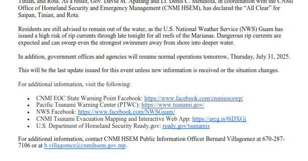 Tsunami advisory cancelled; ‘All Clear’ declared for Saipan, Tinian, and Rota; rip current advisory still in effect