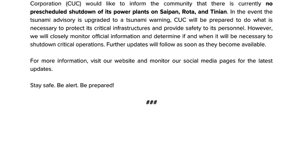 CUC rumor control: No prescheduled power plant shutdowns on Saipan, Rota, and Tinian