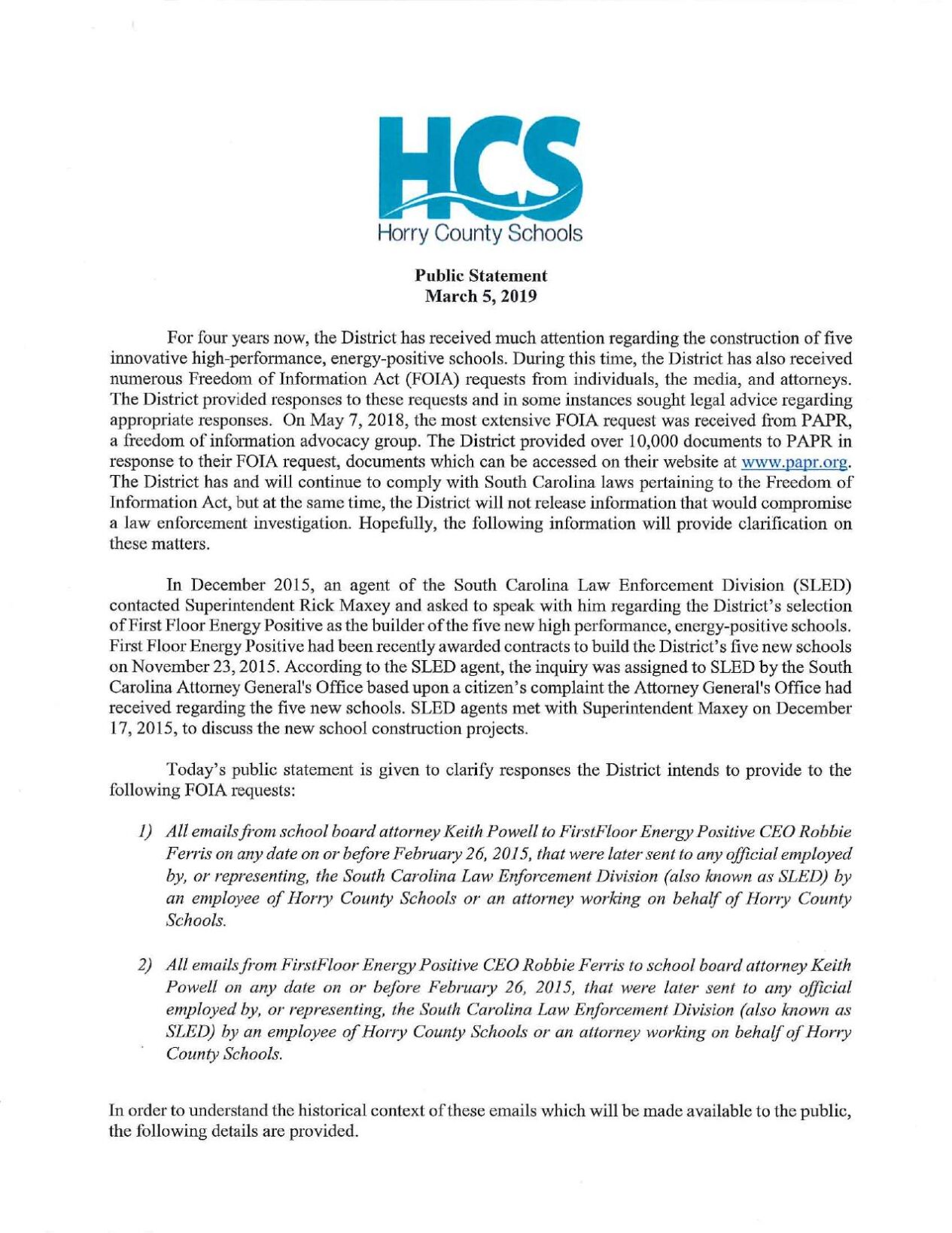 Horry County Schools' statement on SLED Investigation