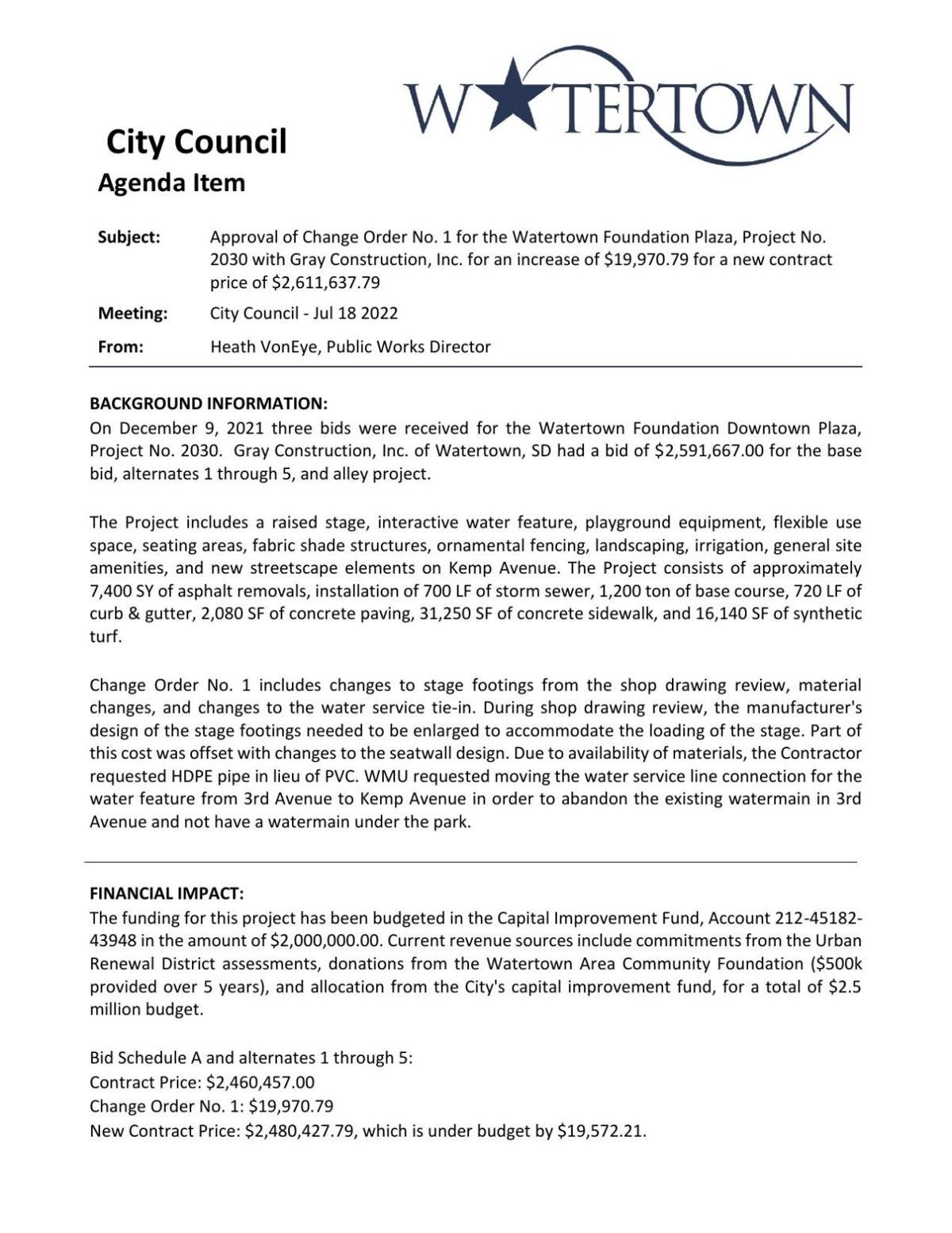 Change Order No. 1 for Project No. 2030 foundation plaza 7.19.22.pdf