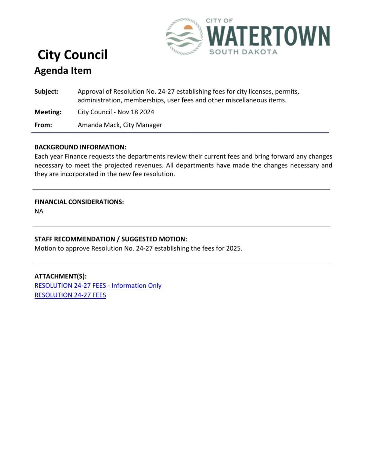 Watertown City Council Approves Resolution Establishing Fees for 2025 ...