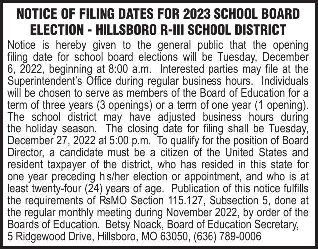 Hillsboro R-3 School Notice of Filing Dates 2023