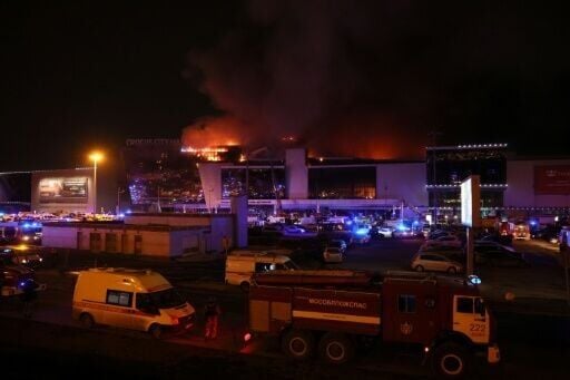 The Crocus City Hall in the Moscow suburbs burning after a shooting attack in which 150 people died