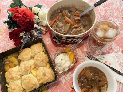 Deviled Beef Stew, Quick Peach Cobbler