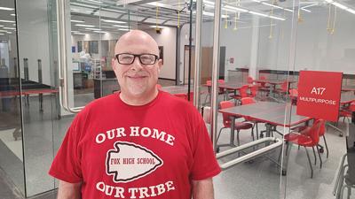 Fox High School Principal Ryan Sherp said the multipurpose room at the entrance to the school’s media center, or library, has a floor made specifically for robotics.
