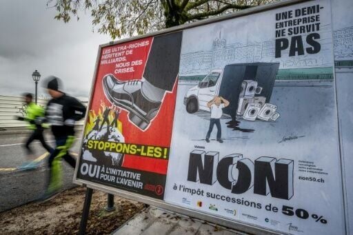 Posters for and against taxing the rich to help finance Swiss efforts against climate change -- polls say the 'no' camp will win