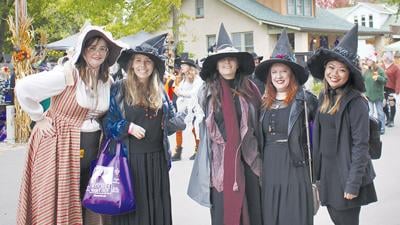 Mareva Durbin of Collinsville, Hannah Breen of St. Louis, Casey Philipp of O’Fallon, Hannah Poropat of St. Louis and Amy Chen of St. Louis at the 2023 Witches Night Out in Kimmswick.