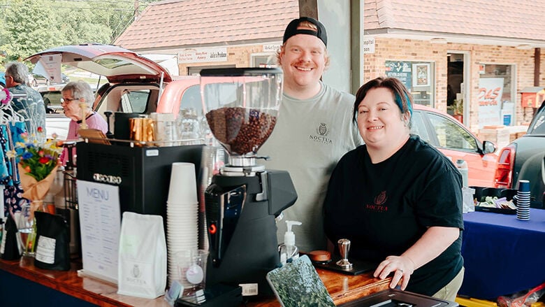 Chris and Brittany Stier, of Imperial, owner of Noctua Coffee, have started offering latte buckets from their mobile coffee cart at farmers markets.