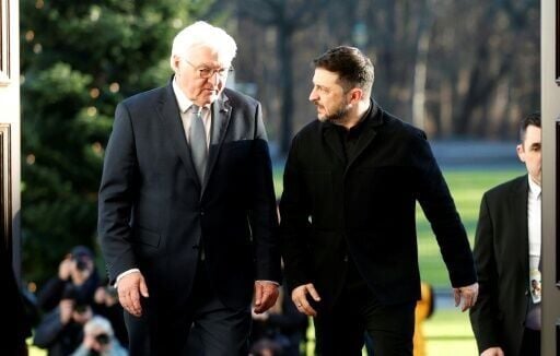 German President Frank-Walter Steinmeier welcomes Ukraine's Zelensky at the Bellevue Palace in Berlin