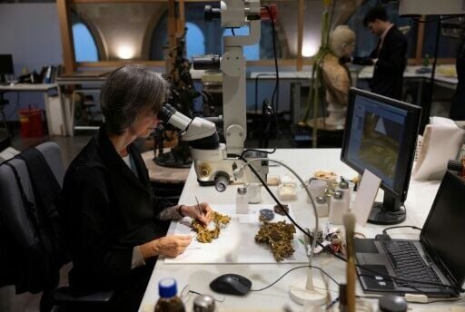 A conservator works on the restoration of gilded mouldings at the Prado museum's sculpture restoration department on October 23, 2025