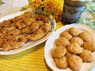 Crunchy Baked Chicken Strips, Cheddar Cheese Puffs