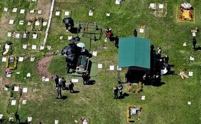 Aerial view of the burial of drug trafficker Nemesio "El Mencho" Oseguera in Zapopan, Mexico, on March 2, 2026