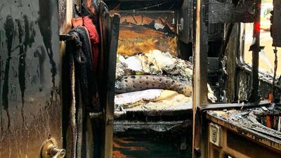 A bedroom and bathroom inside an RV was significantly damaged when the vehicle caught fire while traveling along Telegraph Road in Arnold.