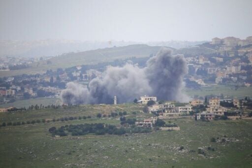 Smoke rises from an Israeli airstrike on the southern Lebanese village of Kfar Tibnit on May 4