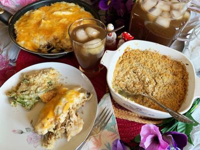 Asparagus and Crab Au Gratin and Chicken and Dressing Skillet Meal