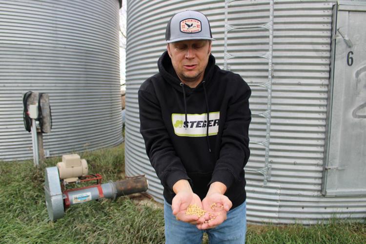 North Dakota farmer Tyler Stafslien holds soybeans