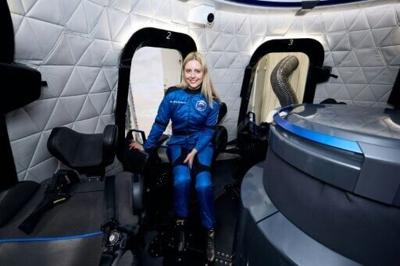 This handout photo from Blue Origin shows Michaela Benthaus, a German aerospace and mechatronics engineer at the European Space Agency, during training on Blue Origin New Shepard NS-37 ahead of her brief flight into space