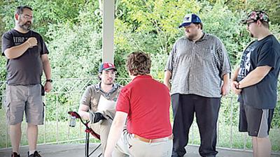 Members of the Arnold Community Theatre Troupe run through lines for their upcoming production of “Julius Caesar.”