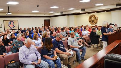 Linda Lyons of De Soto tells the Jefferson County Council that she is in favor of plans to convert a vacant motel and restaurant north of Hillsboro into a homeless transition center
