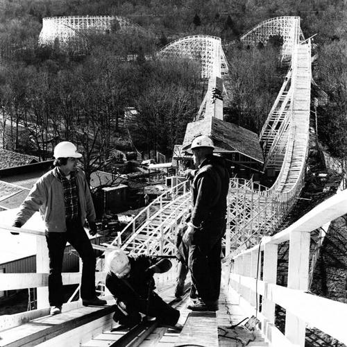 Workers on the Screamin’ Eagle lay down track in 1976.