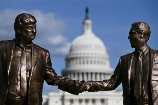 A statue depicting US President Donald Trump holding hands with sex offender Jeffrey Epstein is seen near the US Capitol on October 2, 2025