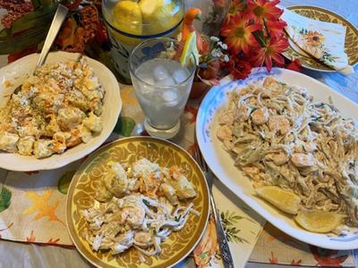 Shrimp and Artichoke Linguine, Two-Potato Salad with Dill Dressing