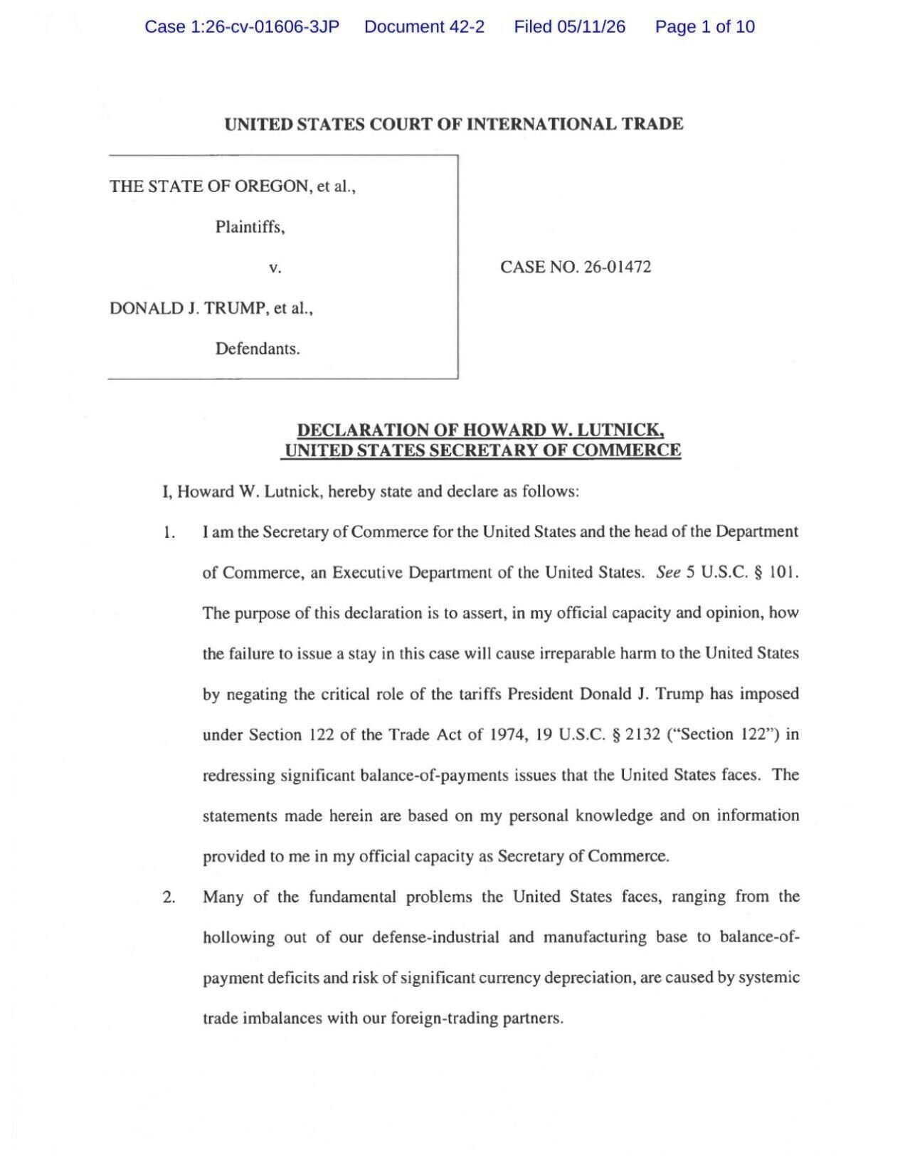 Declaration 2 - Lutnick 5-11-26