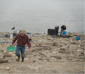 Members of Gold Prospector club practice their skills, seeking gold along Mississippi River at Herculaneum 