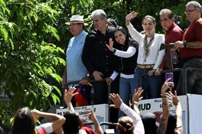 Venezuelan opposition figure Delsa Solorzano (3rd FROM LEFT) with Maria Corina Machado (C)