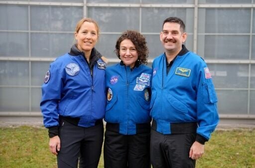 French astronaut Sophie Adenot, left, with NASA astronauts Jessica Meir and Jack Hathaway will blast off to the ISS